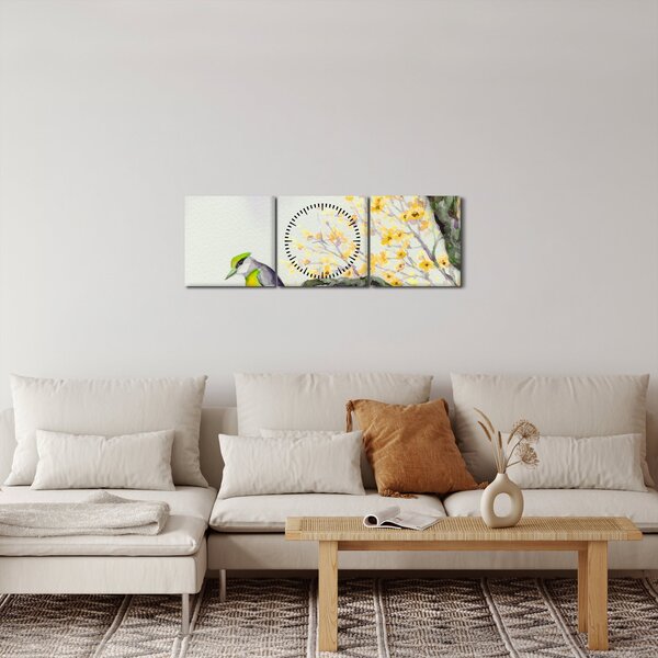 Obraz - Akvarelový vtáčik na strome (s hodinami) (90x30 cm)