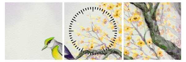 Obraz - Akvarelový vtáčik na strome (s hodinami) (90x30 cm)