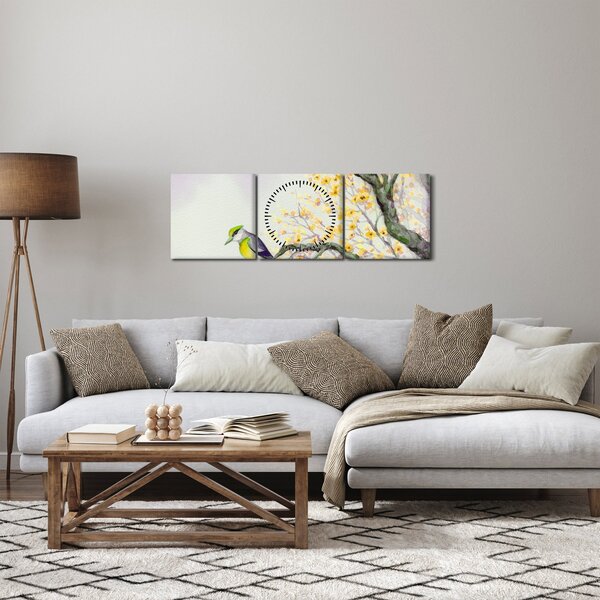 Obraz - Akvarelový vtáčik na strome (s hodinami) (90x30 cm)