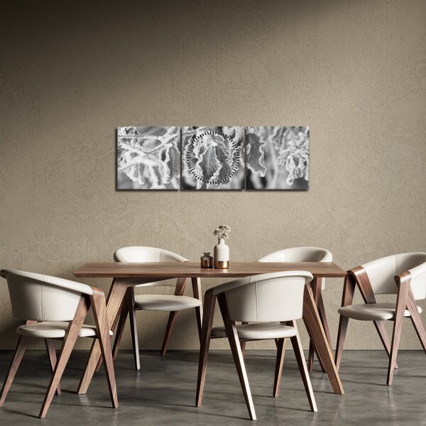 Obraz - Zmrznuté listy, čiernobiela (s hodinami) (90x30 cm)