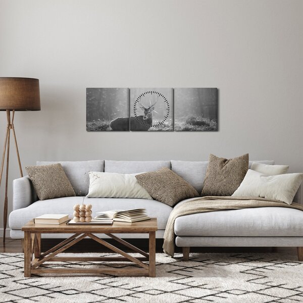 Obraz - Jeleň v lese, čiernobiela (s hodinami) (90x30 cm)