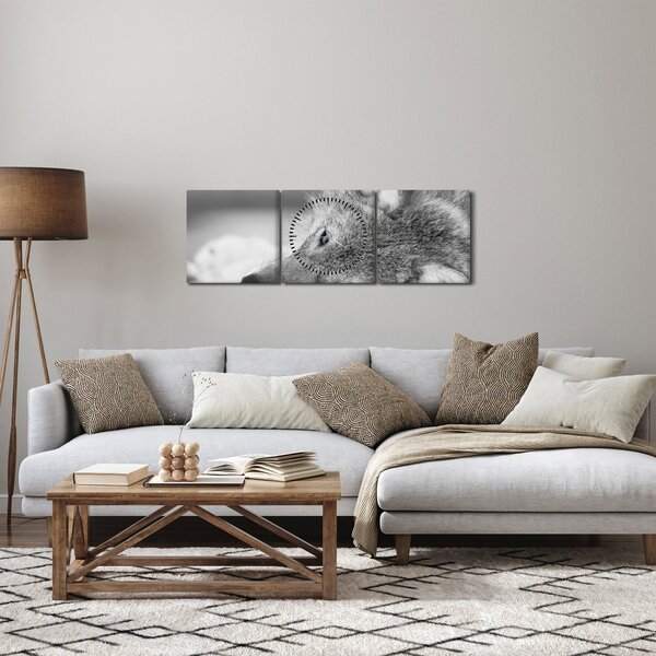 Obraz - Vlk, čiernobiela (s hodinami) (90x30 cm)