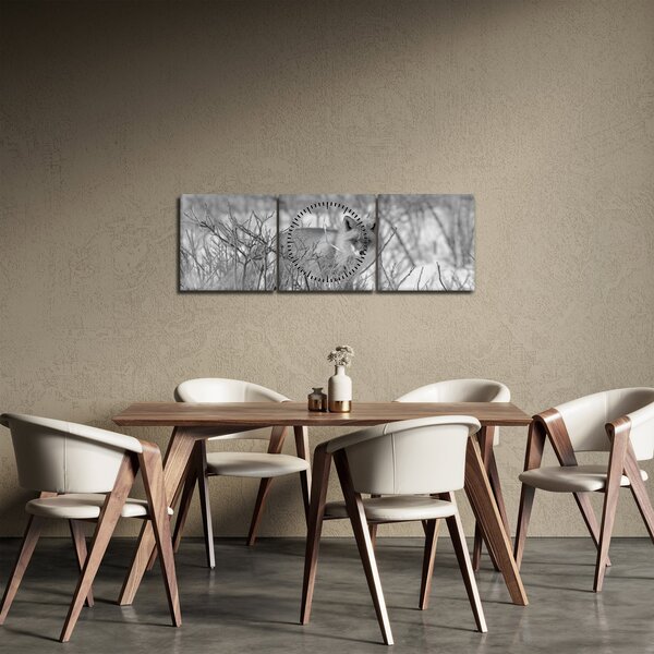 Obraz - Lišiak, čiernobiela (s hodinami) (90x30 cm)