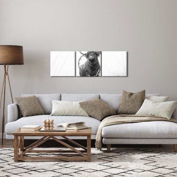 Obraz - Škótska krava 4, čiernobiela (s hodinami) (90x30 cm)