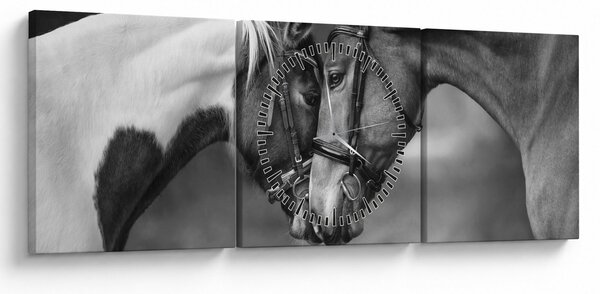 Obraz - Zamilované kone, čiernobiela (s hodinami) (90x30 cm)