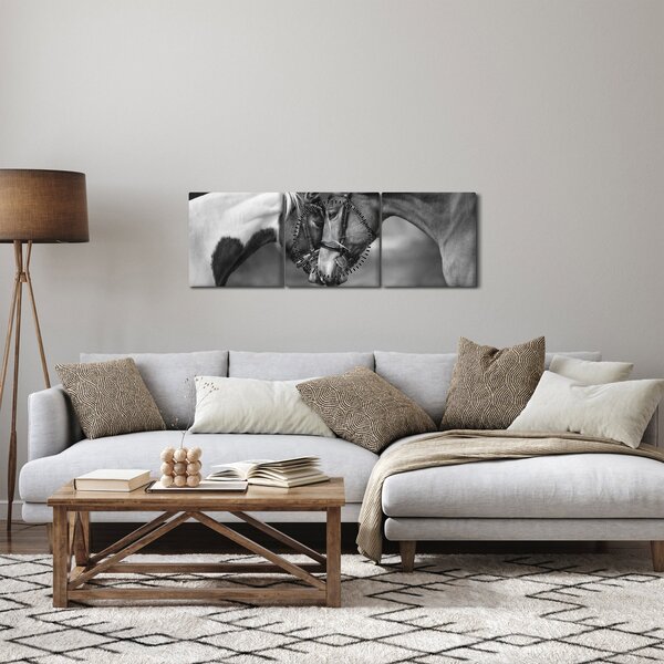 Obraz - Zamilované kone, čiernobiela (s hodinami) (90x30 cm)