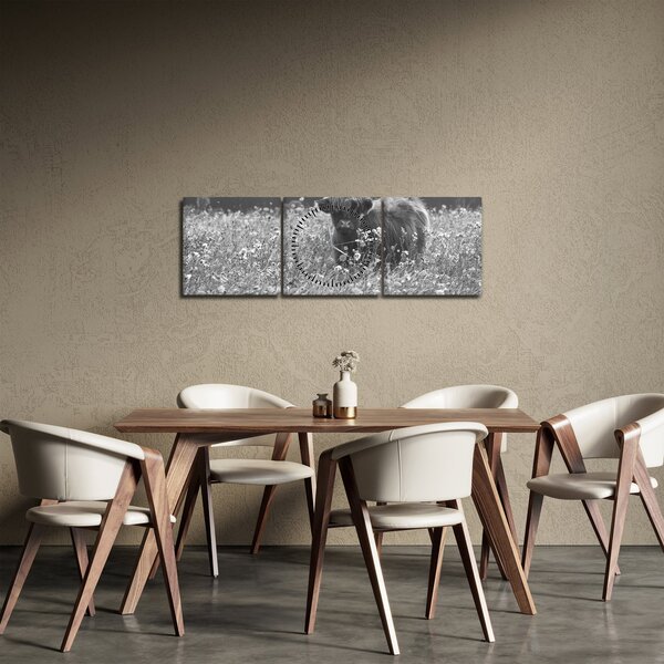 Obraz - Škótska krava 5, čiernobiela (s hodinami) (90x30 cm)