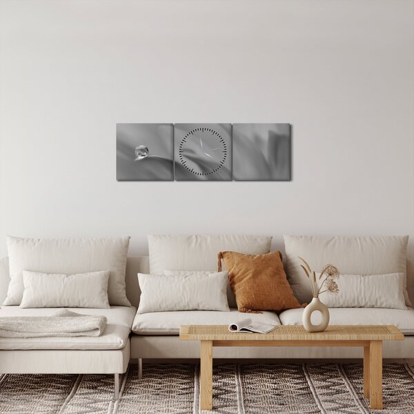 Obraz - Kvapka na kvete, čiernobiela (s hodinami) (90x30 cm)