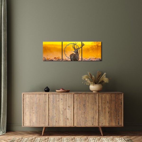 Obraz - Jeleň pri východe slnka (s hodinami) (90x30 cm)