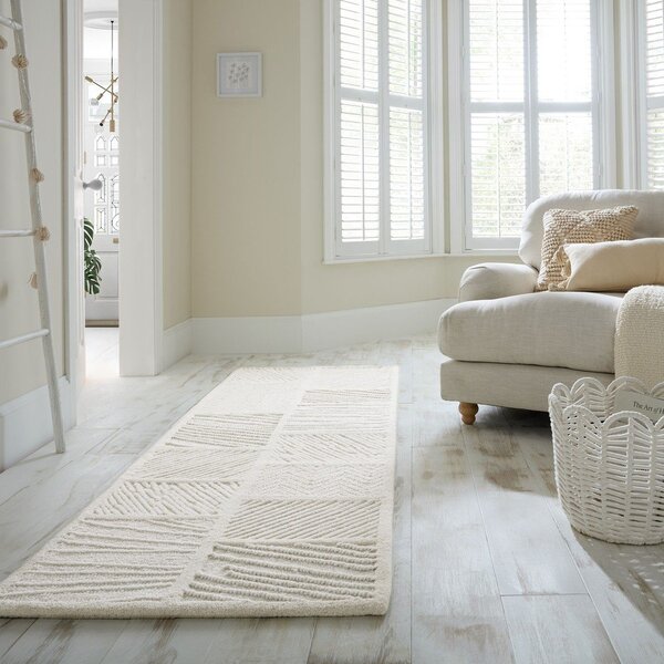 Biely ručne tkaný behúň s prímesou vlny 80x230 cm Sculptured Blocks – Flair Rugs