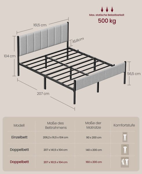 Kovová manželská posteľ 160 cm RMB975G01 sivá