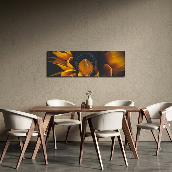 Obraz - Slnečnica v čiernom pozadí (s hodinami) (90x30 cm)