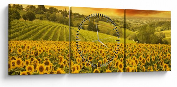 Obraz - Slnečnicové pole (s hodinami) (90x30 cm)