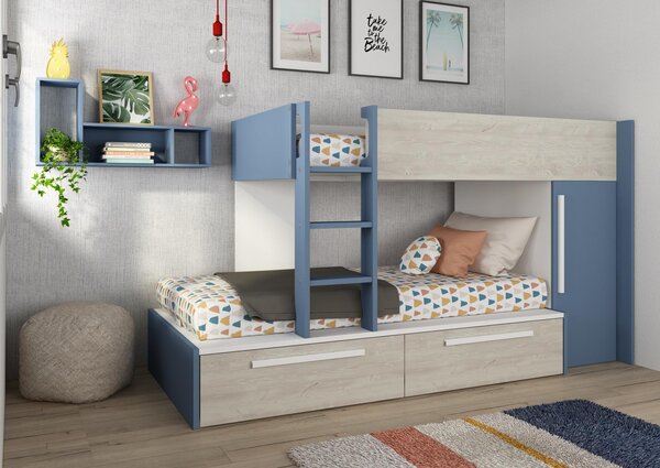 90x200 cm | Detská poschodová posteľ so skriňou a šuplíky Cascina - smoky blue