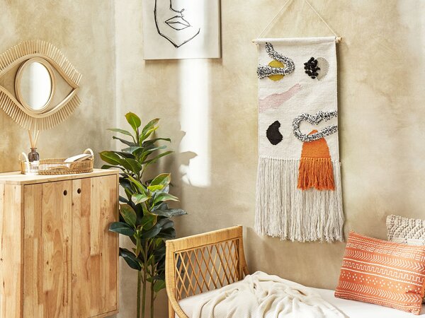 Nástenná dekorácia béžová viacfarebná bavlna eukalyptové drevo pletená ručná výroba so strapcami makramé boho štýle doplnky dekorácie