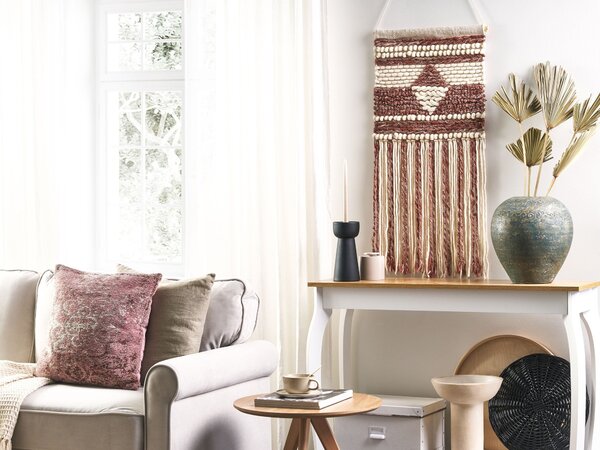 Nástenná dekorácia béžová a červená vlnená ručne tkaná so strapcami geometrický vzor boho štýl obývacia izba spálňa