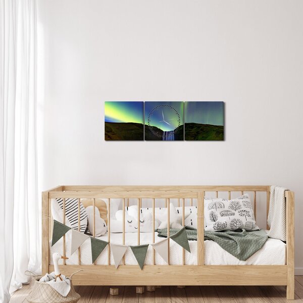 Obraz - Polárna žiara na Islande (s hodinami) (90x30 cm)