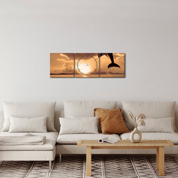Obraz - Delfín pri západe slnka (s hodinami) (90x30 cm)