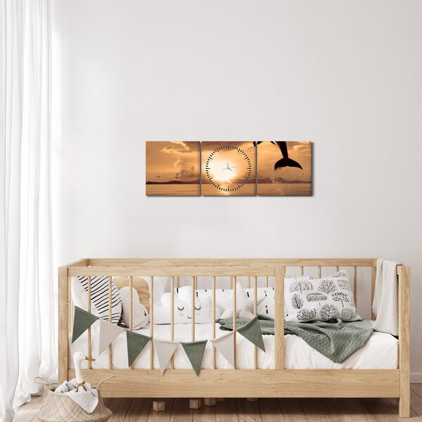 Obraz - Delfín pri západe slnka (s hodinami) (90x30 cm)