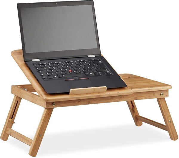Relaxdays Výškovo nastaviteľný stolík na notebook do postele, bambusový stolík na notebook so zásuvkou, VxŠxH: 30 x 69 x 35 cm, prírodná farba