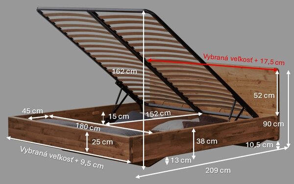 Dubová posteľ Pavla 90x200 s úložným priestorom