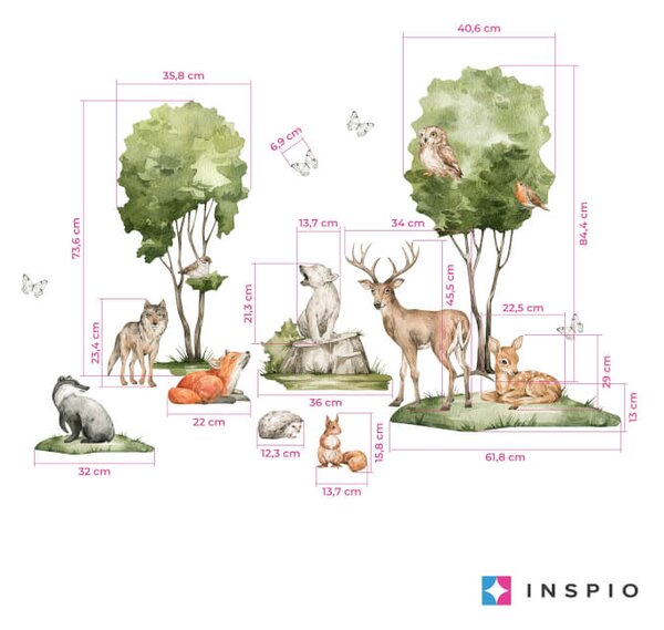 INSPIO-textilná prelepiteľná nálepka - Nálepky do detskej izby - Forest lesný motív so srnkami, líškou a zvieratkami