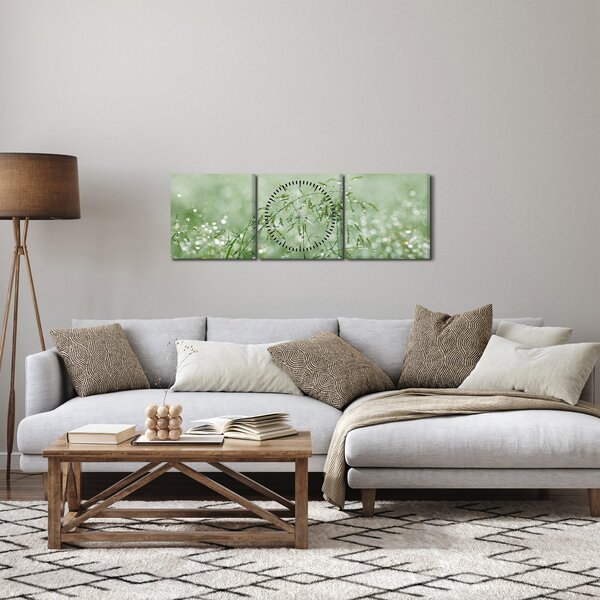 Obraz - Ranná rosa na steblach trávy (s hodinami) (90x30 cm)