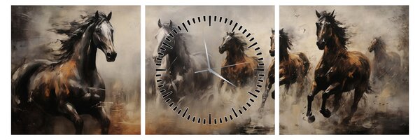 Obraz - Olejomaľba koní (s hodinami) (90x30 cm)