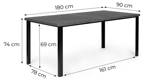 Veľký záhradný stôl pre 8 osôb, 180 × 90 cm, na terasu alebo do záhrady, sivá doska, MultiGarden
