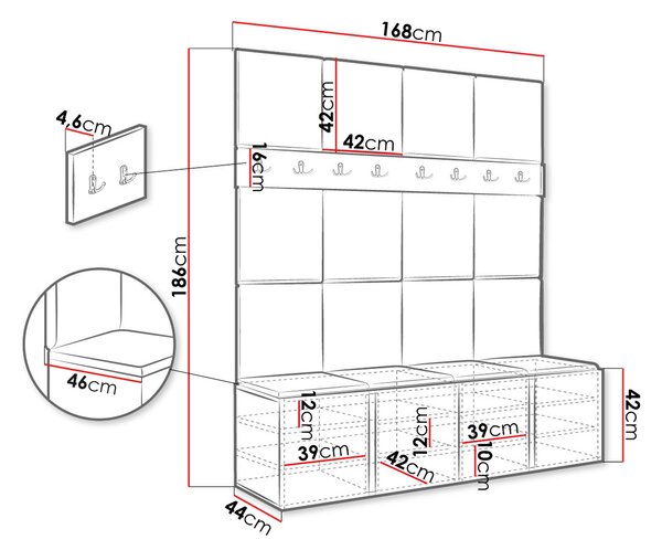 Stena do predsiene s botníkom a panelmi 42x42 SELAND 6 - biela / šedá