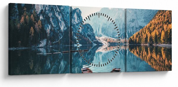 Obraz - Lode na jazere Braies (s hodinami) (90x30 cm)