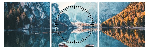 Obraz - Lode na jazere Braies (s hodinami) (90x30 cm)