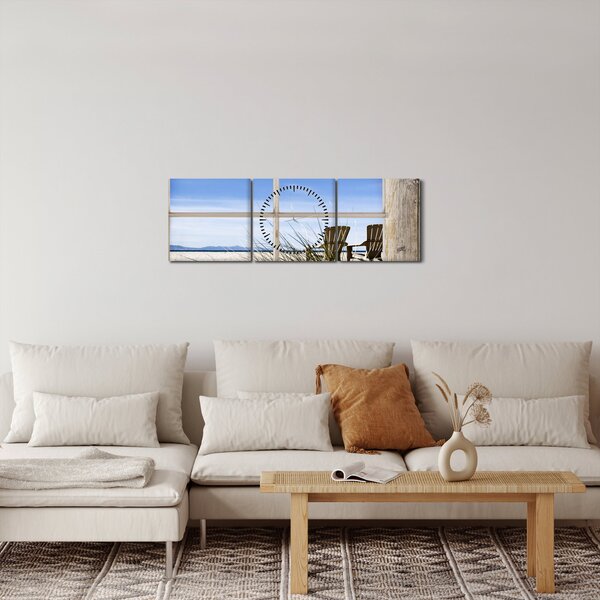 Obraz - Okno v výhľadom na pláž (s hodinami) (90x30 cm)