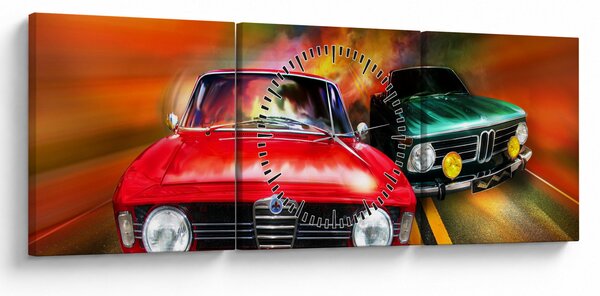 Obraz - Retro závodné autá (s hodinami) (90x30 cm)