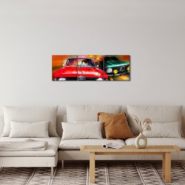 Obraz - Retro závodné autá (s hodinami) (90x30 cm)