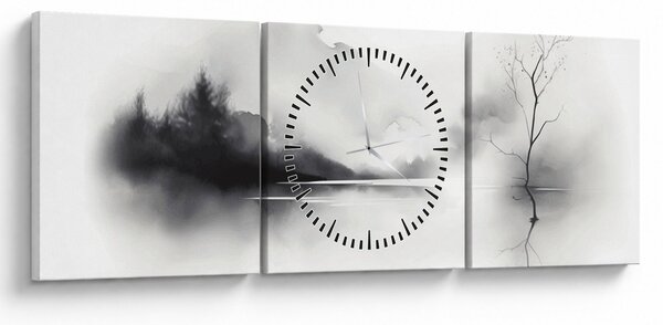 Obraz - Atramentová maľba krajiny (s hodinami) (90x30 cm)