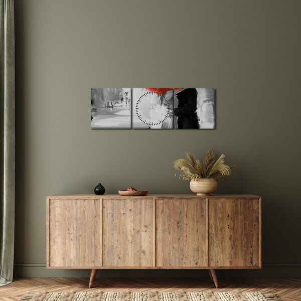 Obraz - Zamilovaný pár pod dáždnikom, červený (s hodinami) (90x30 cm)