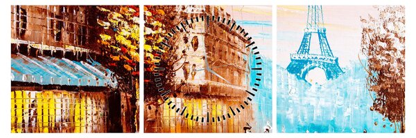 Obraz - Daždivého počasia a Eiffelovej veže (s hodinami) (90x30 cm)