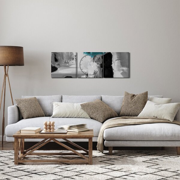Obraz - Zamilovaný pár s dáždnikom, modrý (s hodinami) (90x30 cm)