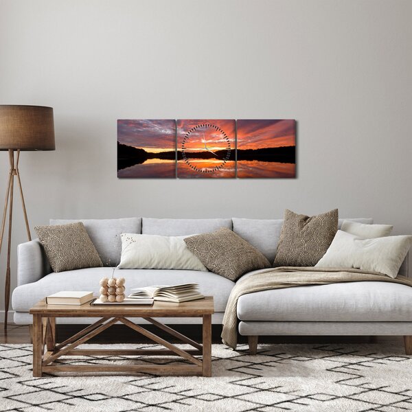Obraz - Západ slnka nad jazerom (s hodinami) (90x30 cm)