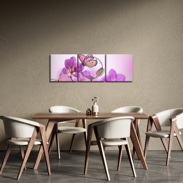 Obraz - Motýľ na kvetoch orchidey, lila (s hodinami) (90x30 cm)