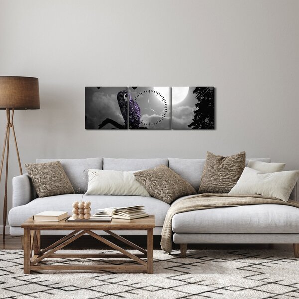 Obraz - Nočná sova, fialová sova (s hodinami) (90x30 cm)