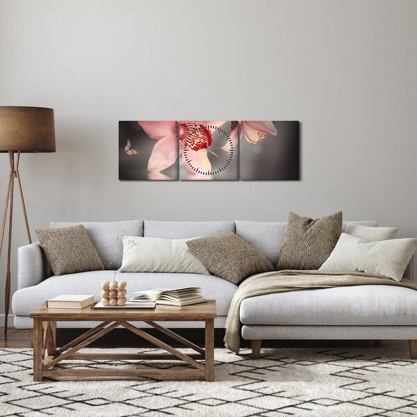 Obraz - Kvety a motýľ (s hodinami) (90x30 cm)