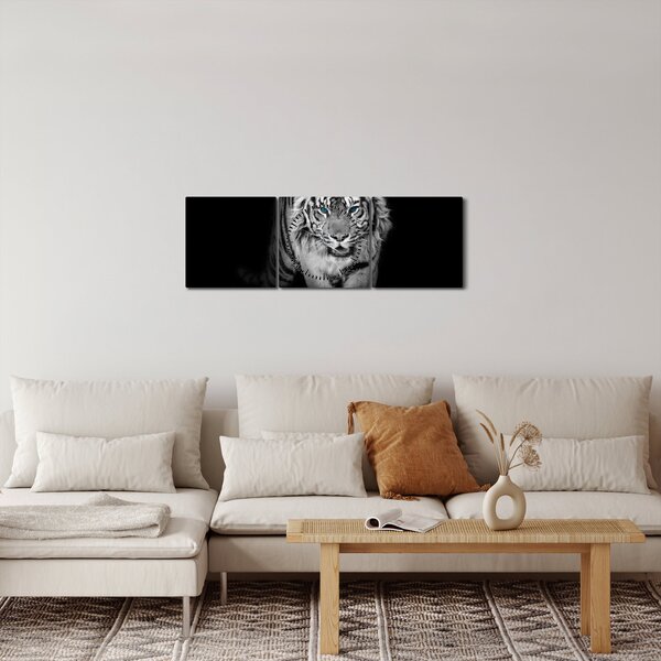 Obraz - Tiger s modrými očami (s hodinami) (90x30 cm)