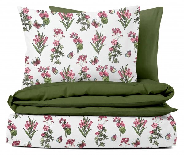 Ervi bavlnené obliečky DUO - ružové lúčne kvety/olivové
