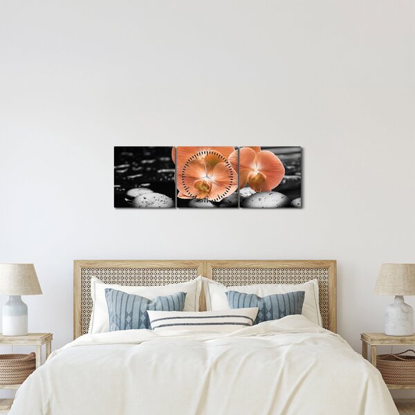 Obraz - Oranžové orchidey (s hodinami) (90x30 cm)