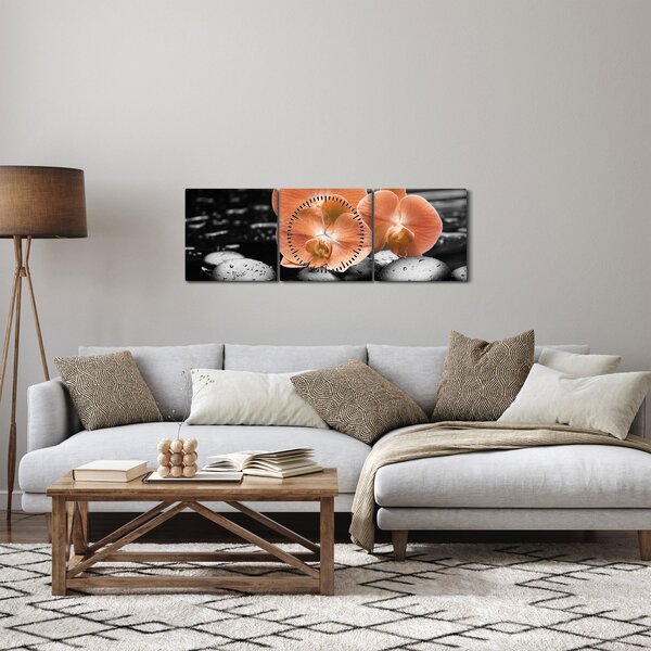 Obraz - Oranžové orchidey (s hodinami) (90x30 cm)