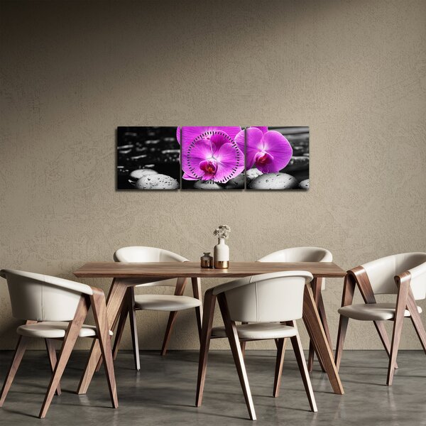 Obraz - Fialové orchidey (s hodinami) (90x30 cm)