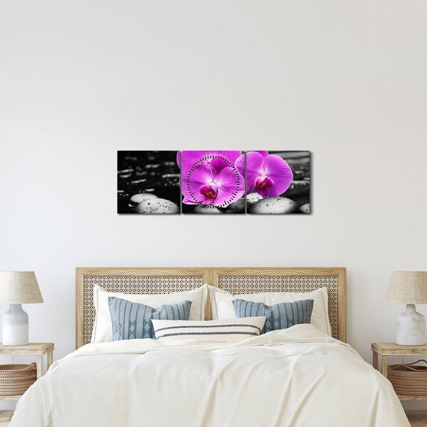 Obraz - Fialové orchidey (s hodinami) (90x30 cm)