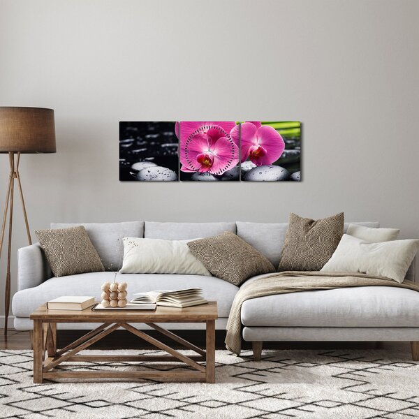 Obraz - Ružové orchidey s palmovým listom (s hodinami) (90x30 cm)